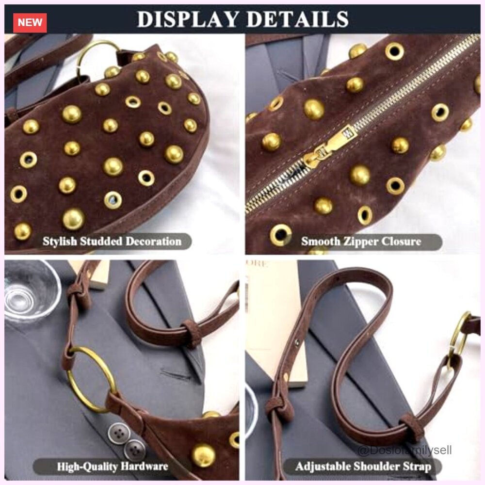 Studded Hobo Bag Faux Suede Y2K Trendy Shoulder Crossbody Purse Adjustable Strap - Picture 5 of 7